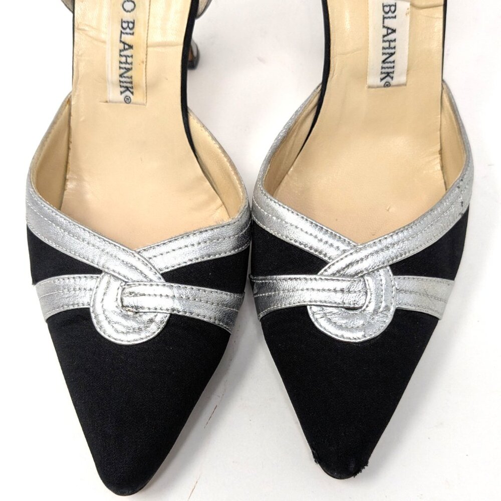 SOLDManolo Blahnik D'Orsay Pumps Black Fabric Silver Heels VTG 80s Sz 36, 6 US - Picture 6 of 16